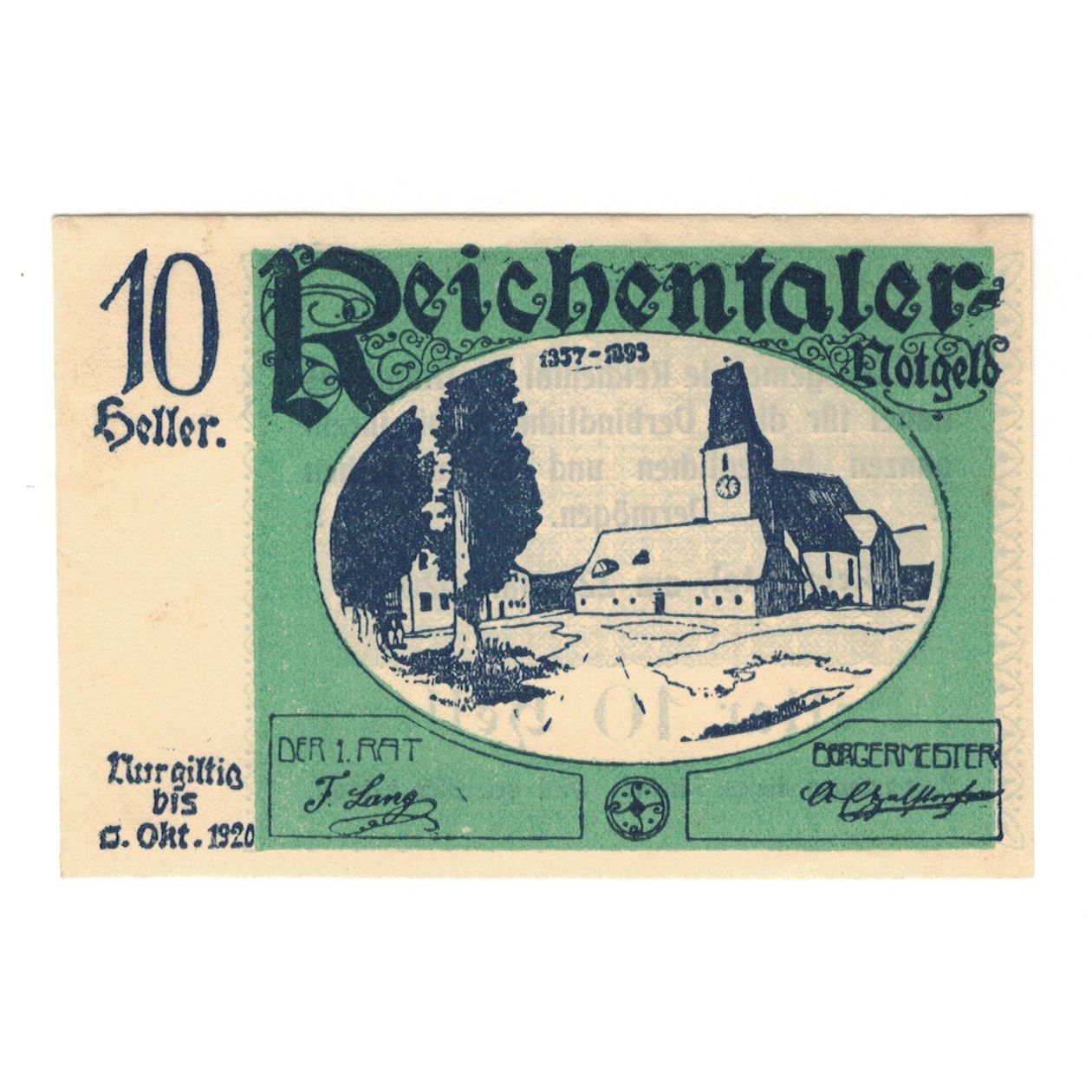 Nota, Áustria, Reichental im Mühlkreis O.Ö. Ortsgemeinde, 10 Heller, texte 1