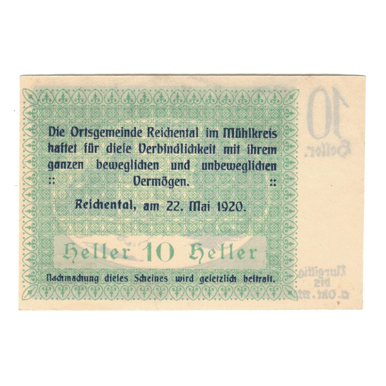 Nota, Áustria, Reichental im Mühlkreis O.Ö. Ortsgemeinde, 10 Heller, texte 1