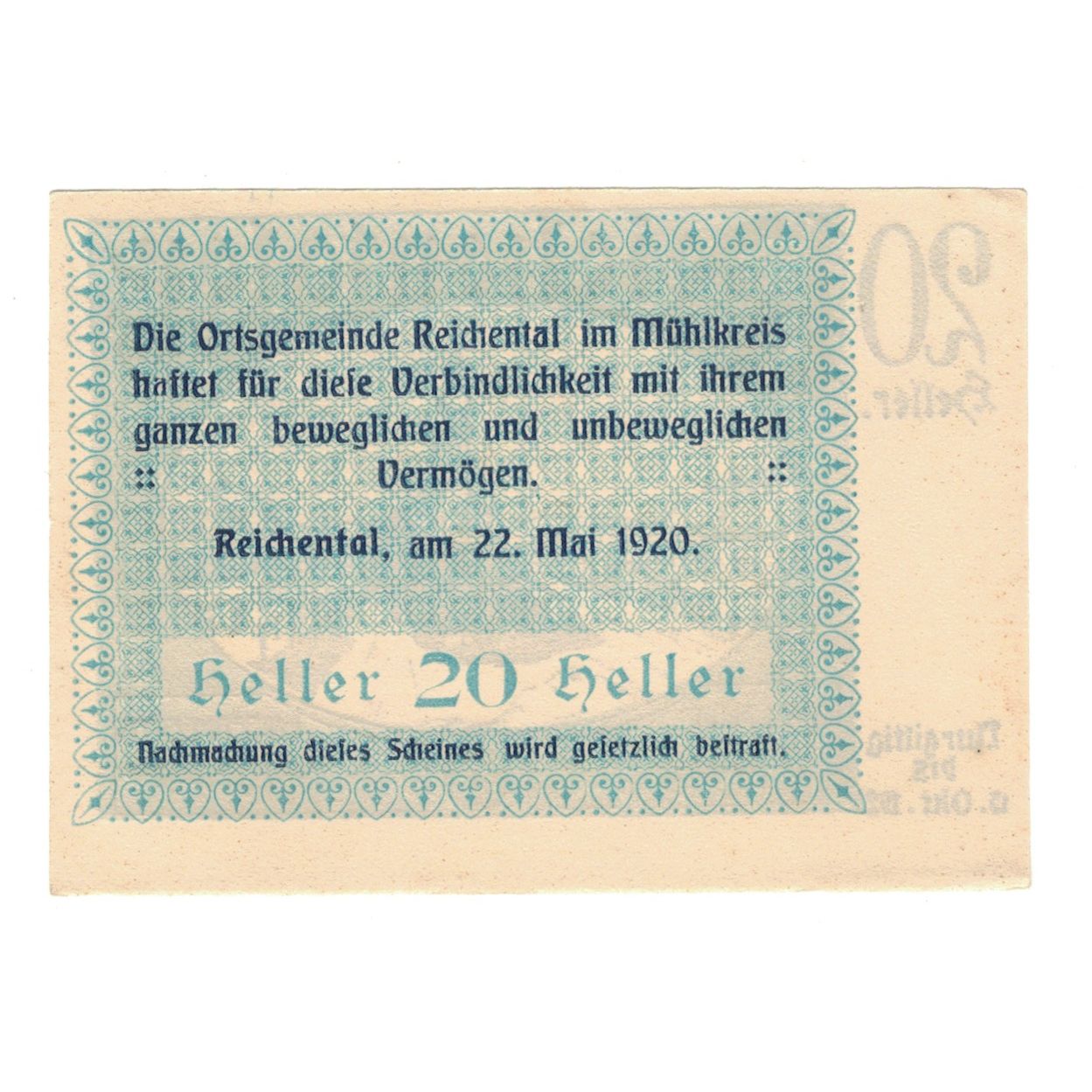 Nota, Áustria, Reichental im Mühlkreis O.Ö. Ortsgemeinde, 20 Heller, texte 1