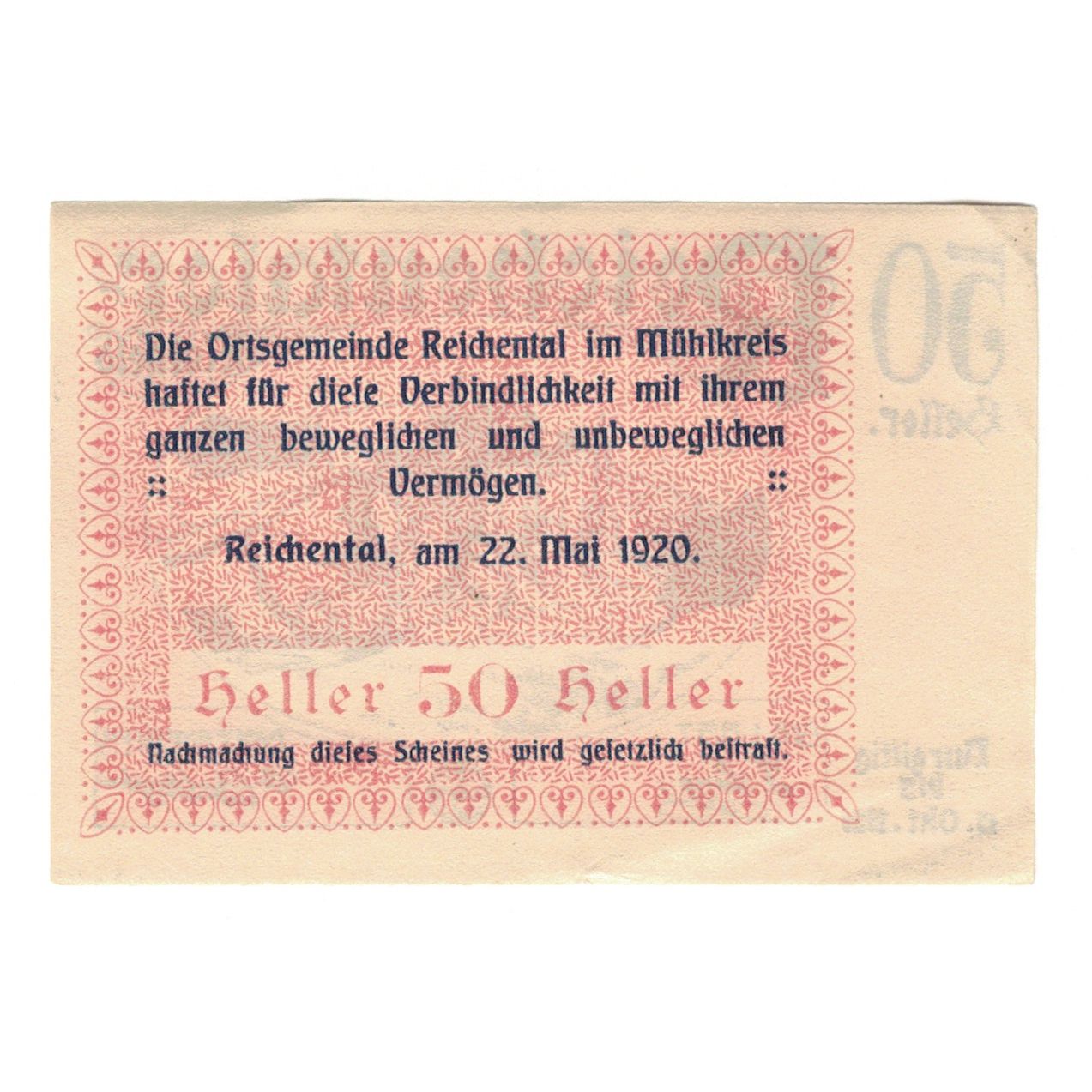 Biljet, Oostenrijk, Reichental im Mühlkreis O.Ö. Ortsgemeinde, 50 Heller