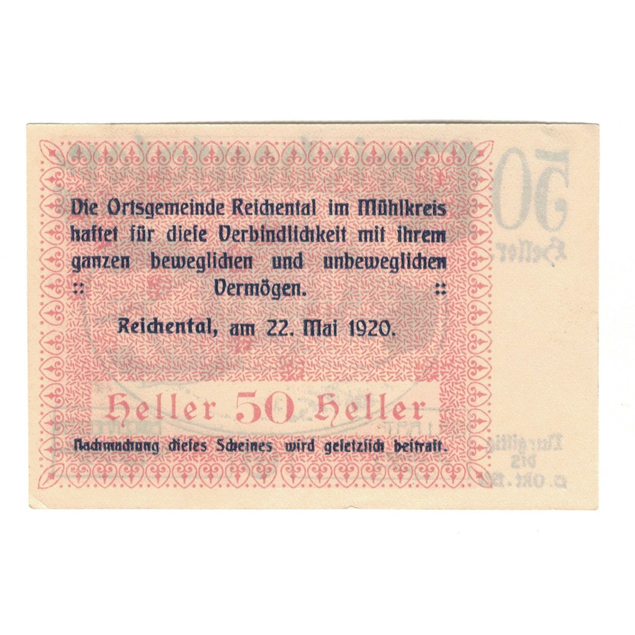 Banconote, Austria, Reichental im Mühlkreis O.Ö. Ortsgemeinde, 50 Heller