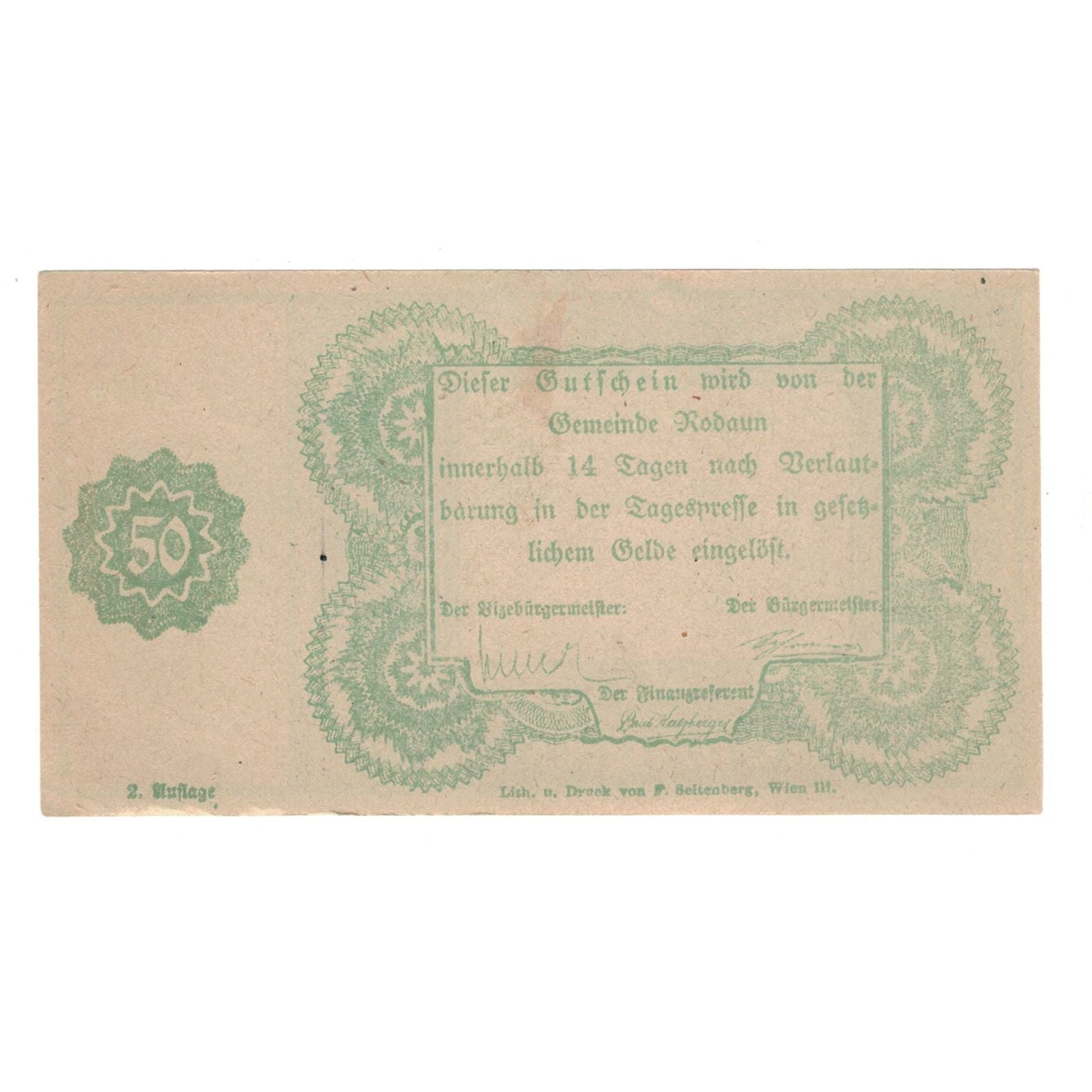 Banconote, Austria, Rodaun N.Ö. Gemeinde, 50 Heller, Texte, BB+, Mehl:FS 840II