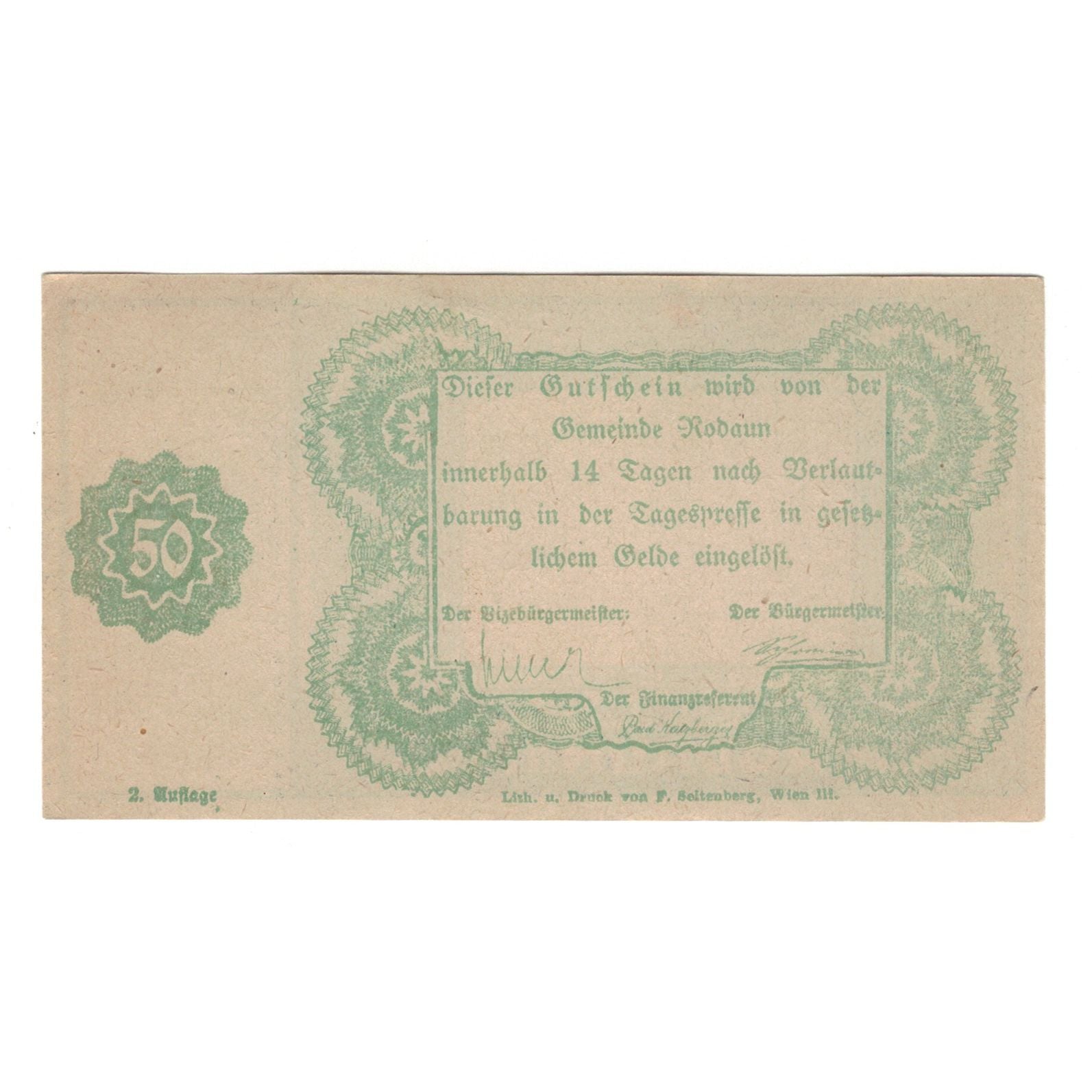 Banconote, Austria, Rodaun N.Ö. Gemeinde, 50 Heller, texte 1, SPL-, Mehl:FS