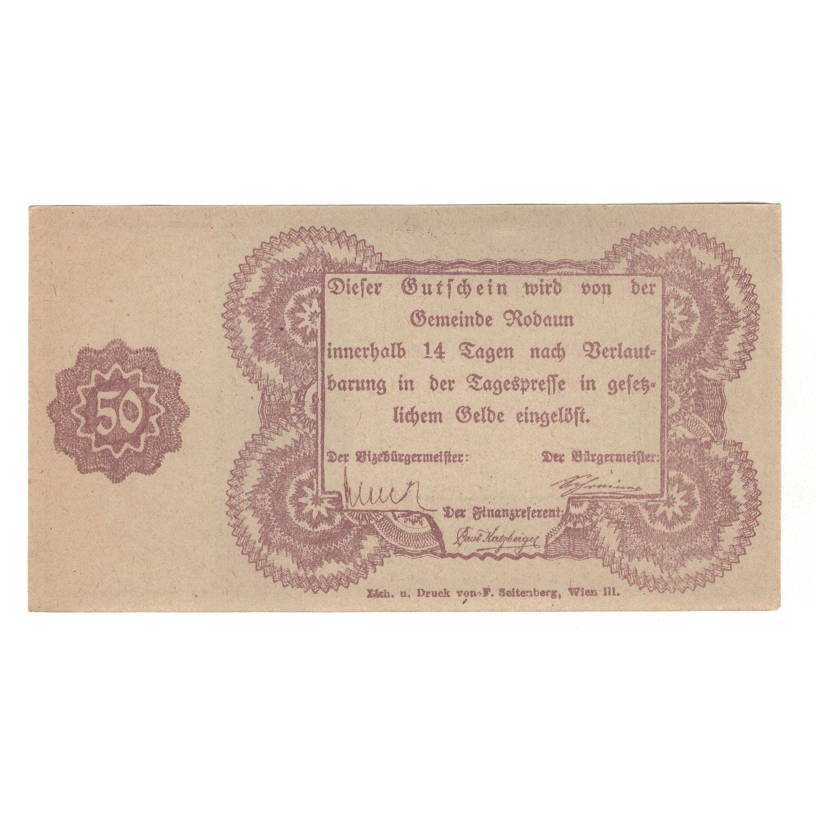 Banconote, Austria, Rodaun N.Ö. Gemeinde, 50 Heller, Texte 2, SPL-, Mehl:FS