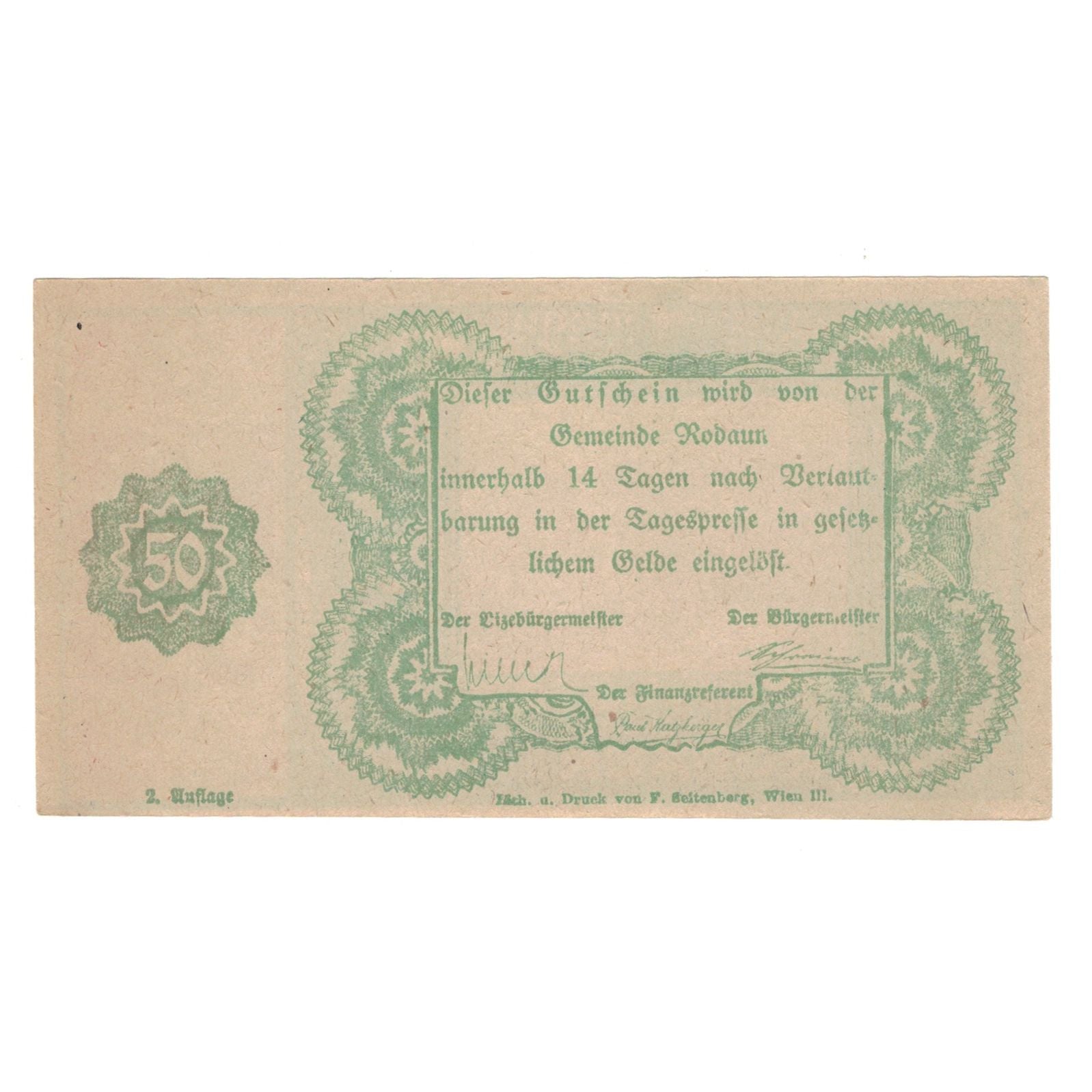 Banconote, Austria, Rodaun N.Ö. Gemeinde, 50 Heller, Texte 3, BB+, Mehl:FS