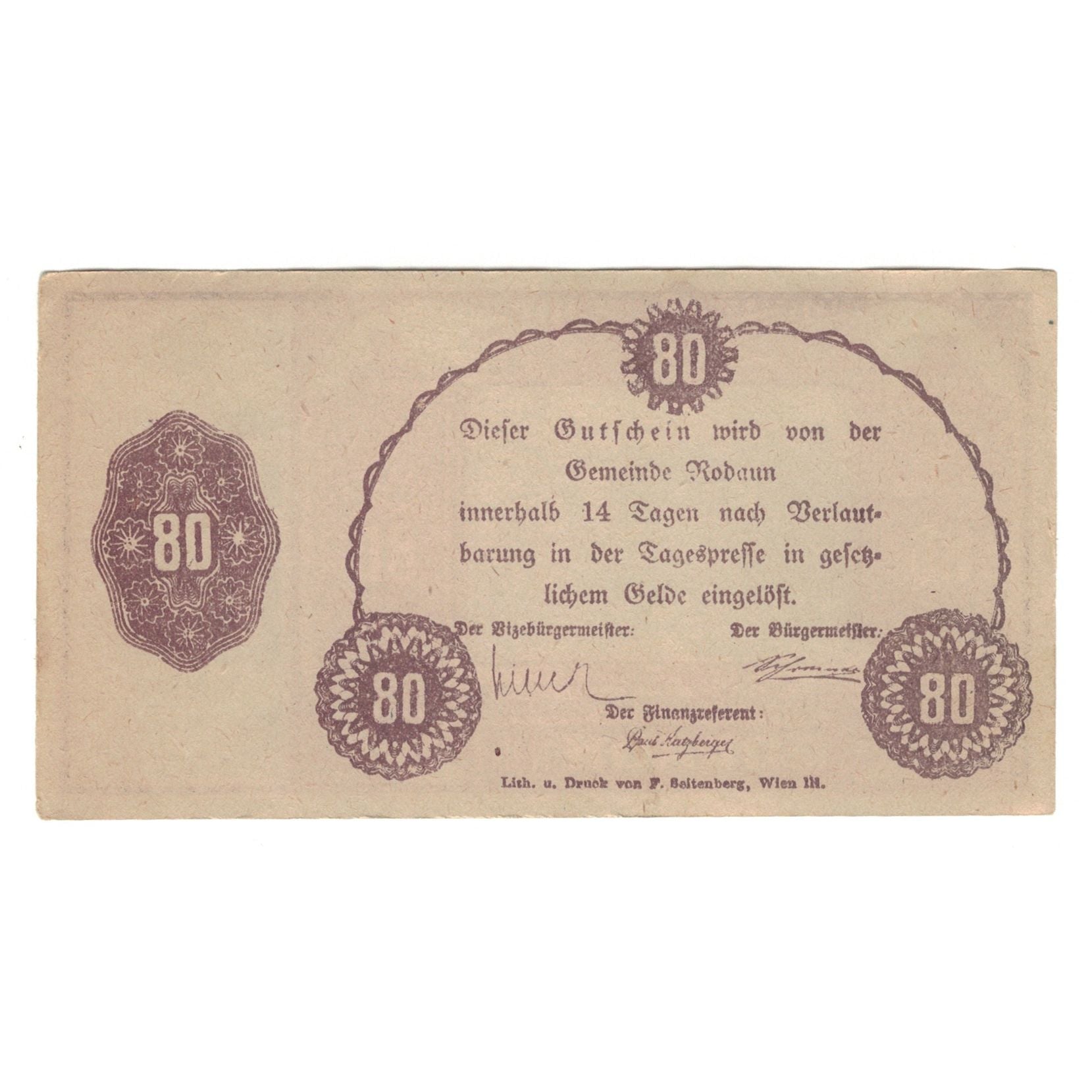 Banknote, Austria, Rodaun N.Ö. Gemeinde, 80 Heller, Texte, AU(50-53), Mehl:FS