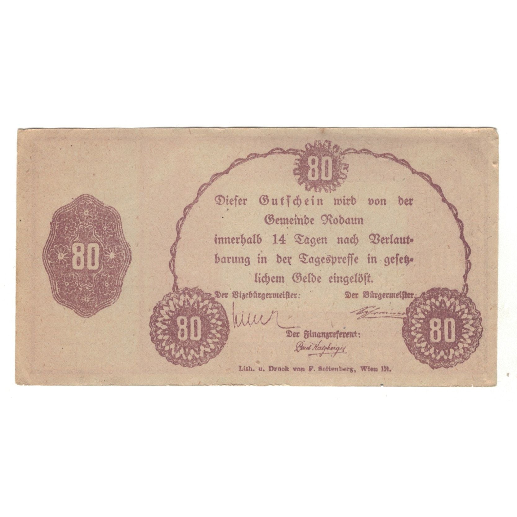 Banknote, Austria, Rodaun N.Ö. Gemeinde, 80 Heller, texte 1, AU(50-53), Mehl:FS