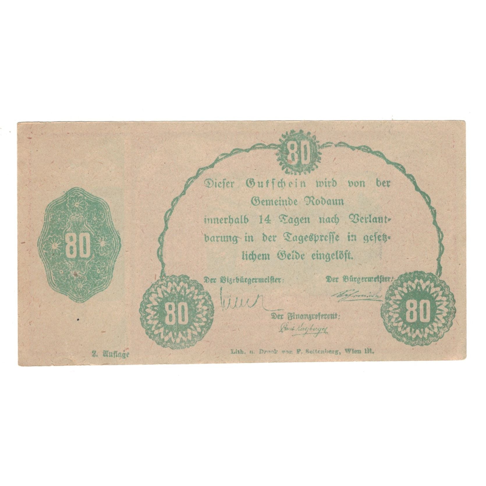 Banconote, Austria, Rodaun N.Ö. Gemeinde, 80 Heller, Texte 2, BB+, Mehl:FS