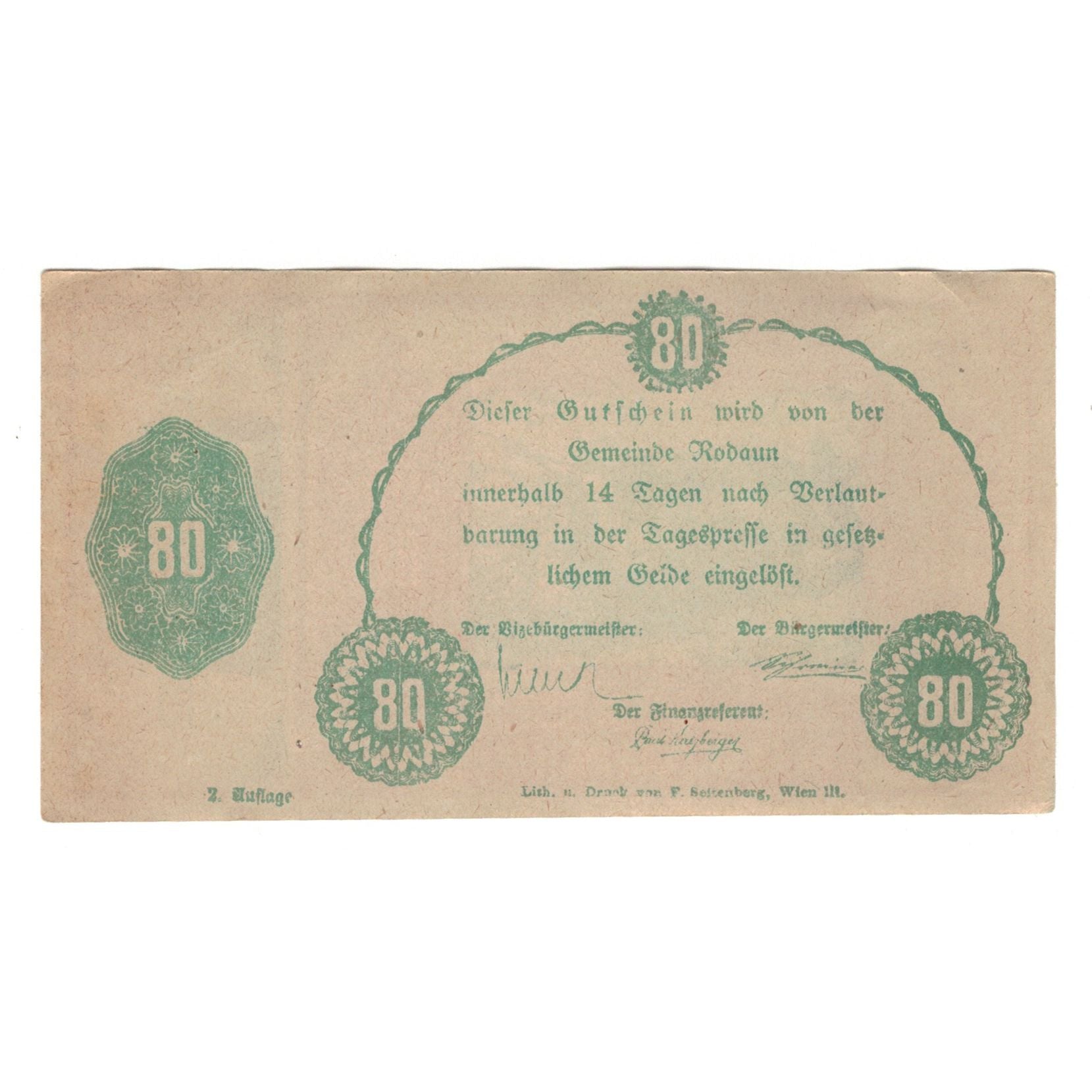 Banconote, Austria, Rodaun N.Ö. Gemeinde, 80 Heller, Texte 3, BB+, Mehl:FS