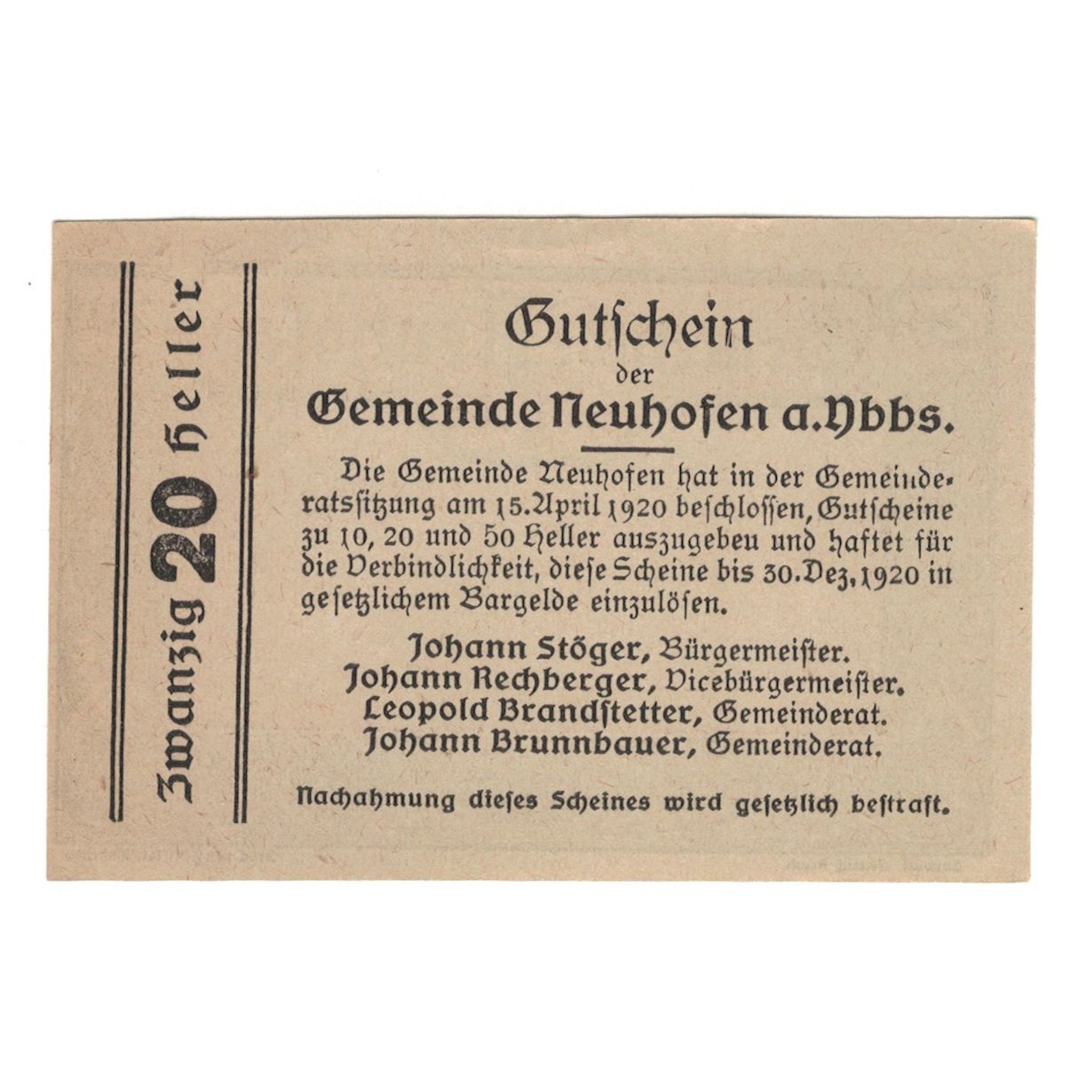 Banconote, Austria, Neuhofen a.d. Ybbs N.Ö. Gemeinde, 20 Heller, texte 1, 1920