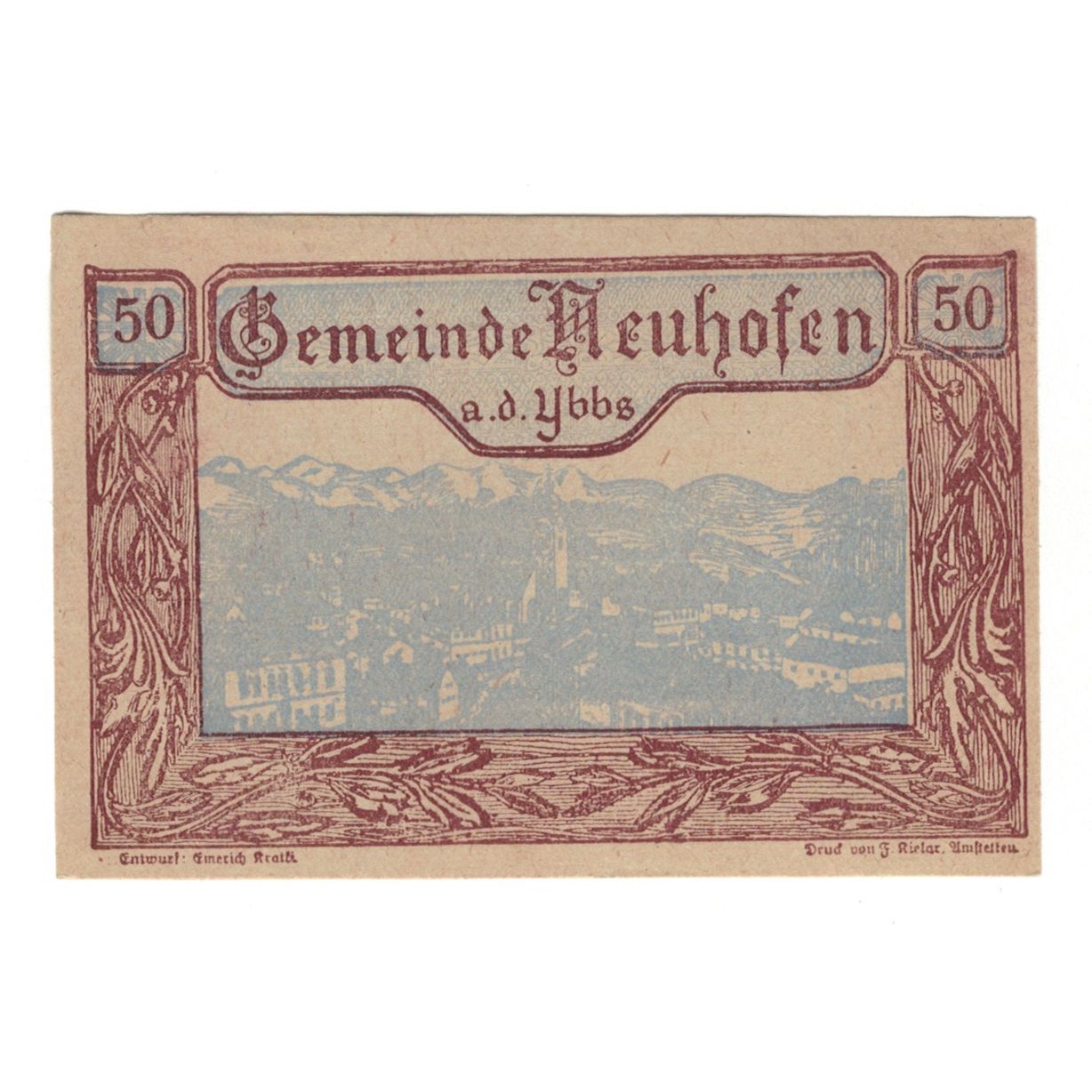 Banconote, Austria, Neuhofen a.d. Ybbs N.Ö. Gemeinde, 50 Heller, Texte, 1920