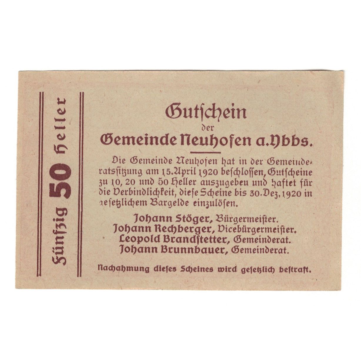 Banconote, Austria, Neuhofen a.d. Ybbs N.Ö. Gemeinde, 50 Heller, Texte, 1920