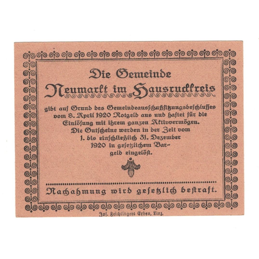 Banconote, Austria, Neumarkt Im Hausruckkreis O.Ö. Gemeinde, 10 Heller, Texte