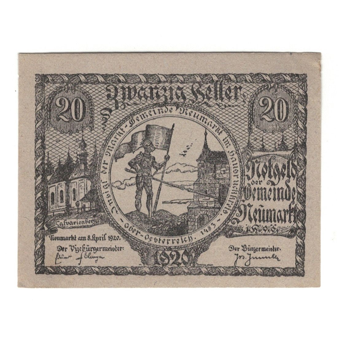 Banconote, Austria, Neumarkt Im Hausruckkreis O.Ö. Gemeinde, 20 Heller, Texte