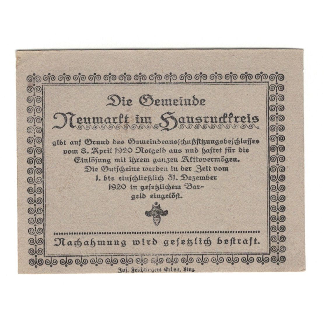 Banconote, Austria, Neumarkt Im Hausruckkreis O.Ö. Gemeinde, 20 Heller, Texte