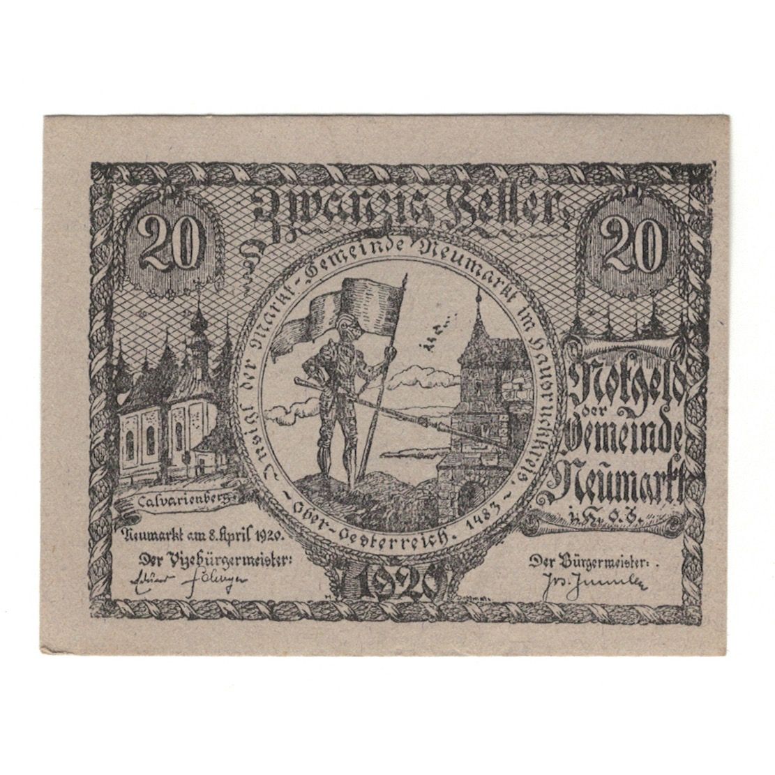 Nota, Áustria, Neumarkt Im Hausruckkreis O.Ö. Gemeinde, 20 Heller, texte 1