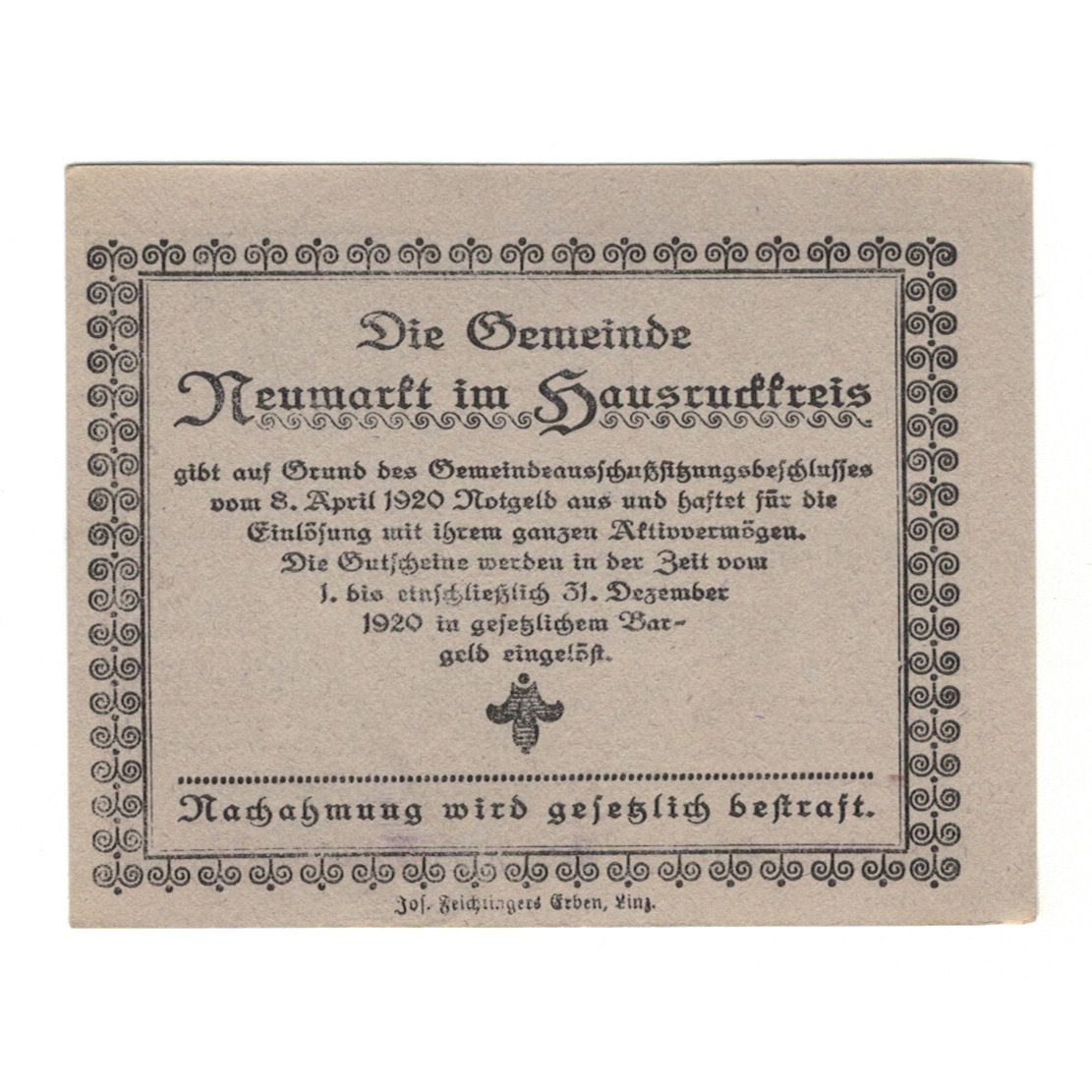 Nota, Áustria, Neumarkt Im Hausruckkreis O.Ö. Gemeinde, 20 Heller, texte 1