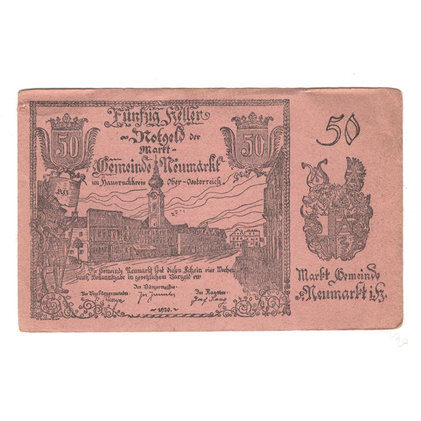 Nota, Áustria, Neumarkt Im Hausruckkreis O.Ö. Gemeinde, 50 Heller, Texte