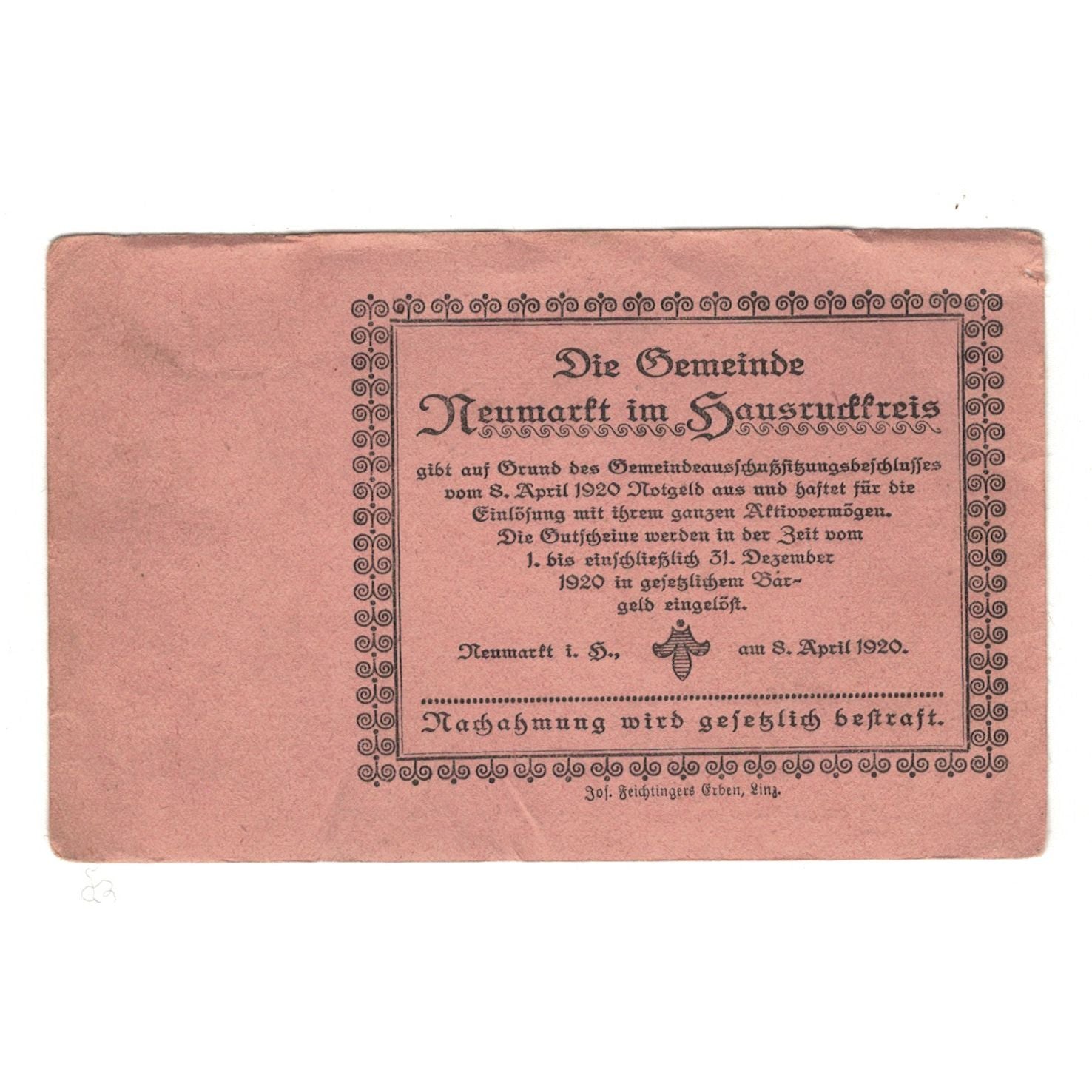 Nota, Áustria, Neumarkt Im Hausruckkreis O.Ö. Gemeinde, 50 Heller, Texte