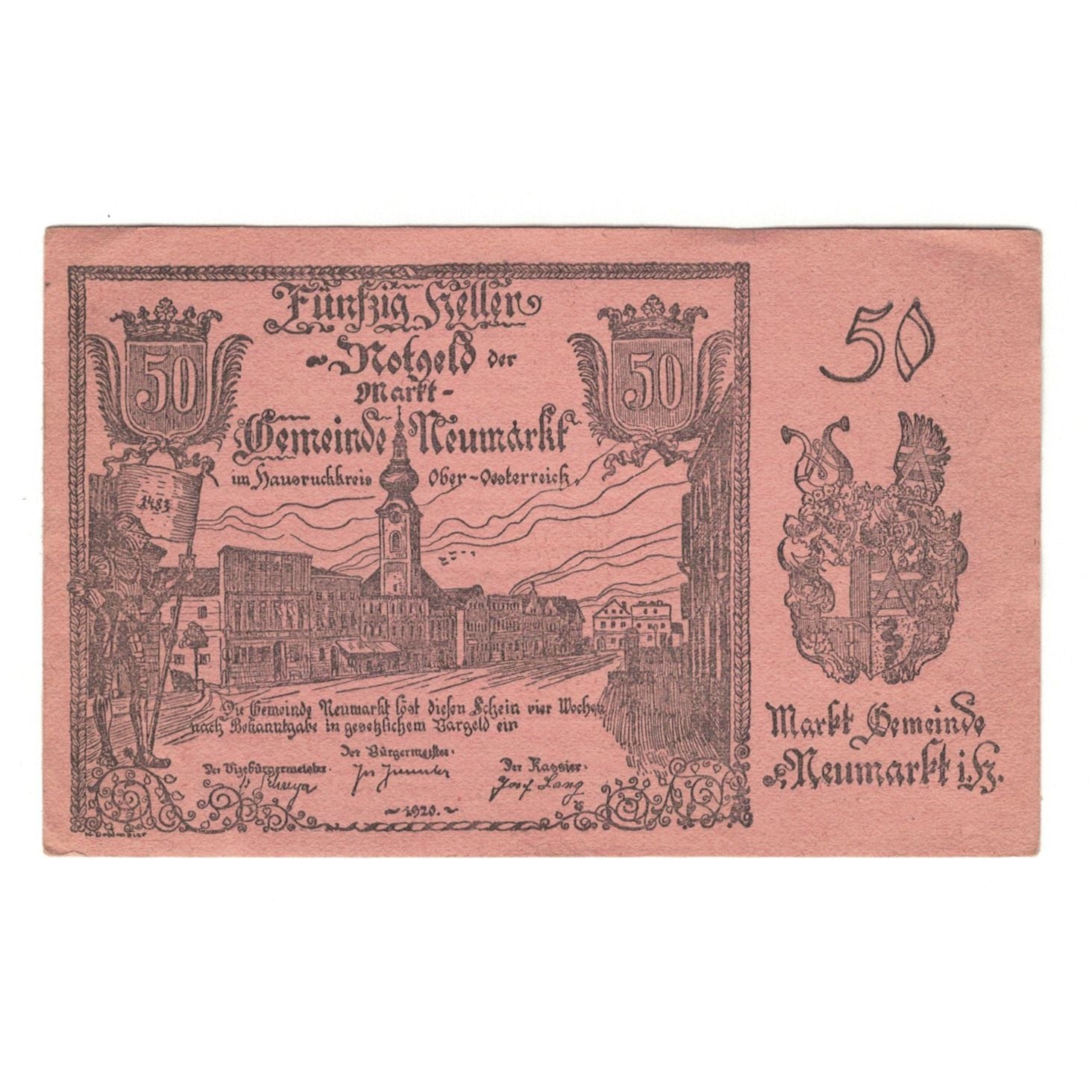 Nota, Áustria, Neumarkt Im Hausruckkreis O.Ö. Gemeinde, 50 Heller, texte 1