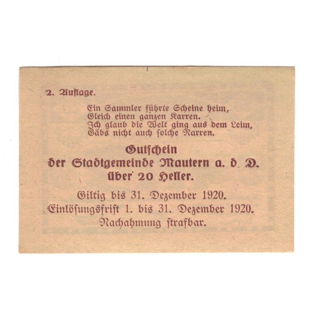 Billete, Austria, Mautern N.Ö. Stadtgemeinde, 20 Heller, texte 1, 1920