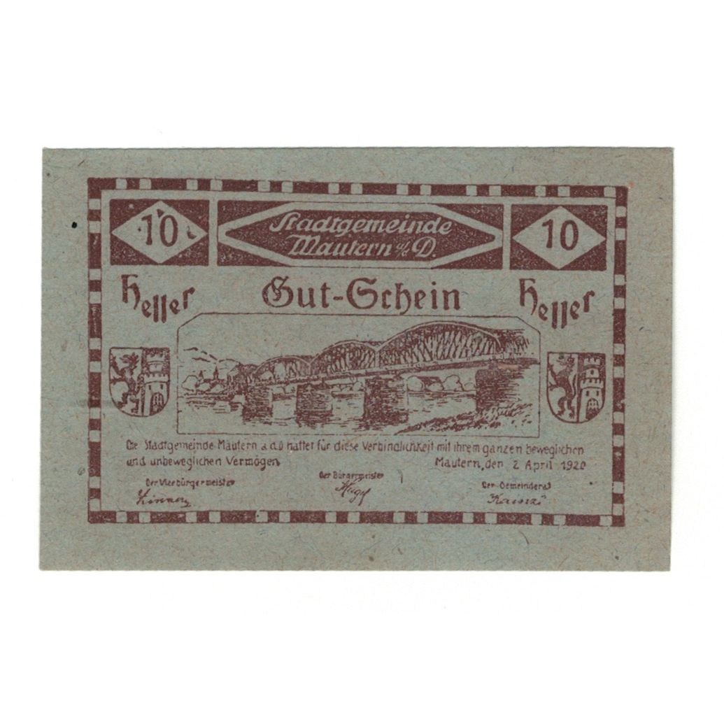 Banconote, Austria, Mautern N.Ö. Stadtgemeinde, 10 Heller, Texte, 1920