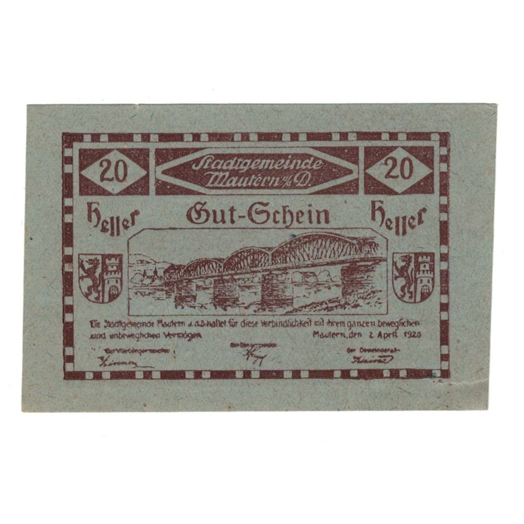 Billet, Autriche, Mautern N.Ö. Stadtgemeinde, 20 Heller, Texte, 1920