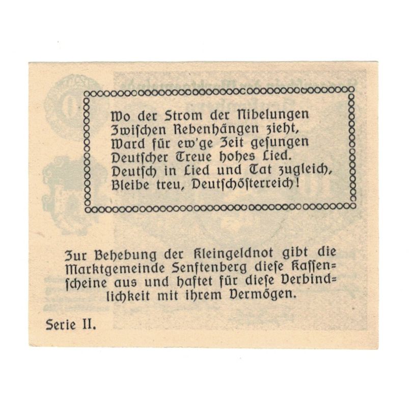 Banconote, Austria, Senftenberg N.Ö. Gemeinde, 10 Heller, Texte 2, 1920