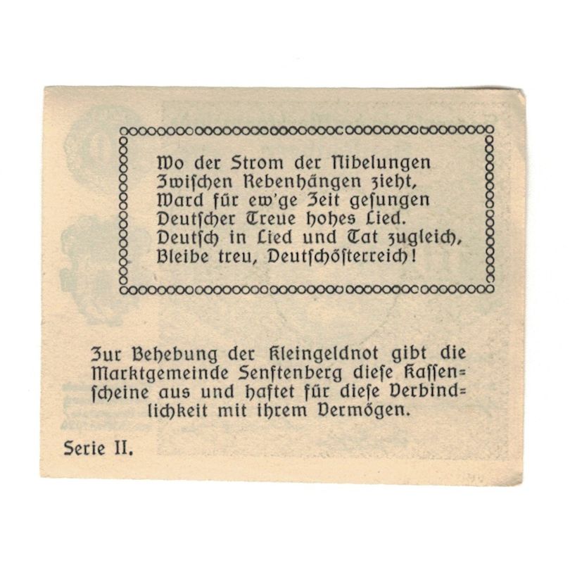 Banconote, Austria, Senftenberg N.Ö. Gemeinde, 10 Heller, Texte 3, 1920