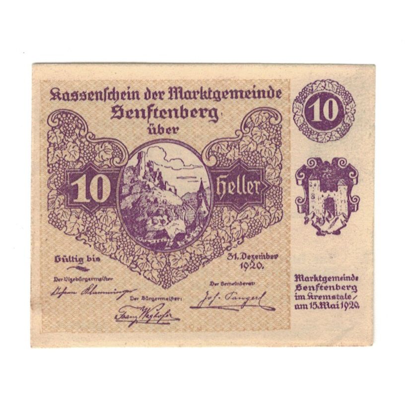 Banconote, Austria, Senftenberg N.Ö. Gemeinde, 10 Heller, Texte 4, 1920