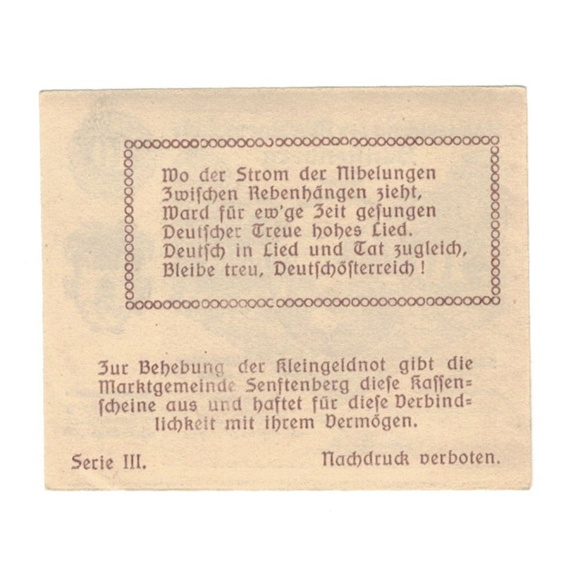 Banconote, Austria, Senftenberg N.Ö. Gemeinde, 10 Heller, Texte 4, 1920
