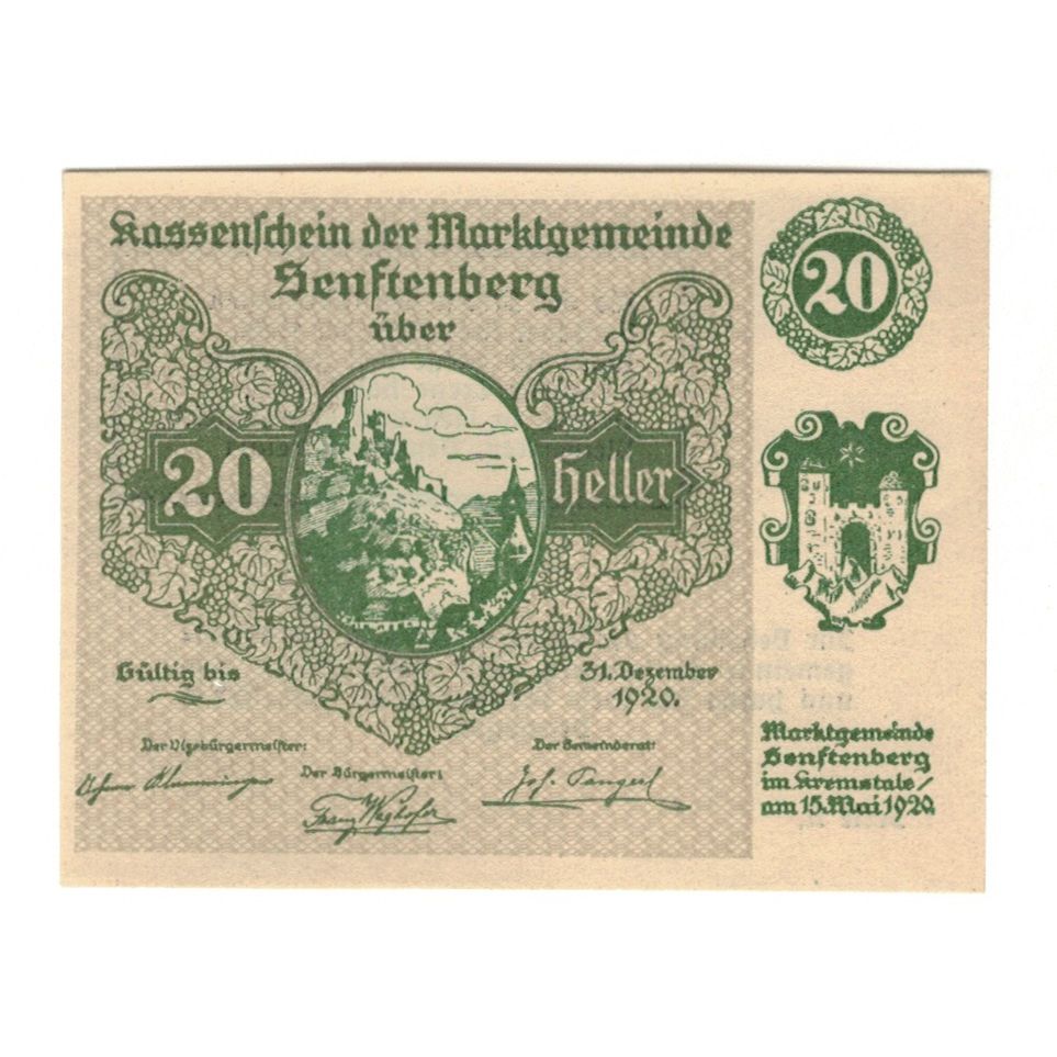 Nota, Áustria, Senftenberg N.Ö. Gemeinde, 20 Heller, Texte, 1920, 1920-12-31