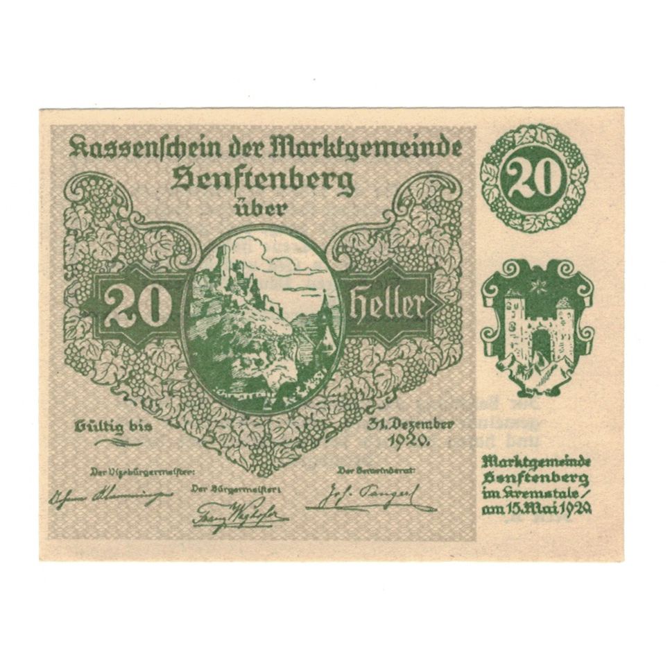 Biljet, Oostenrijk, Senftenberg N.Ö. Gemeinde, 20 Heller, texte 1, 1920