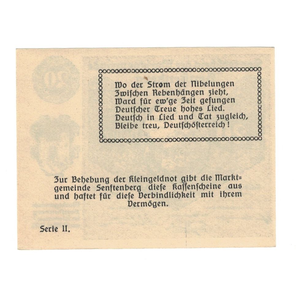 Biljet, Oostenrijk, Senftenberg N.Ö. Gemeinde, 20 Heller, texte 1, 1920