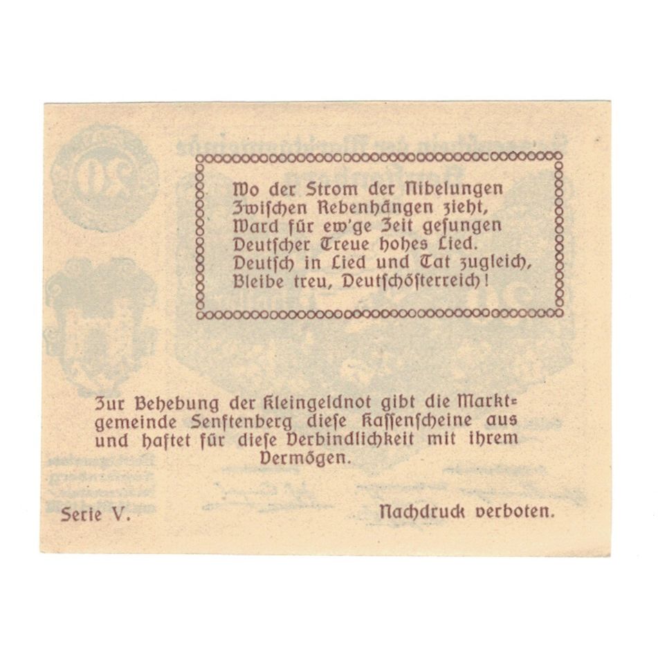 Banconote, Austria, Senftenberg N.Ö. Gemeinde, 20 Heller, Texte 4, 1920