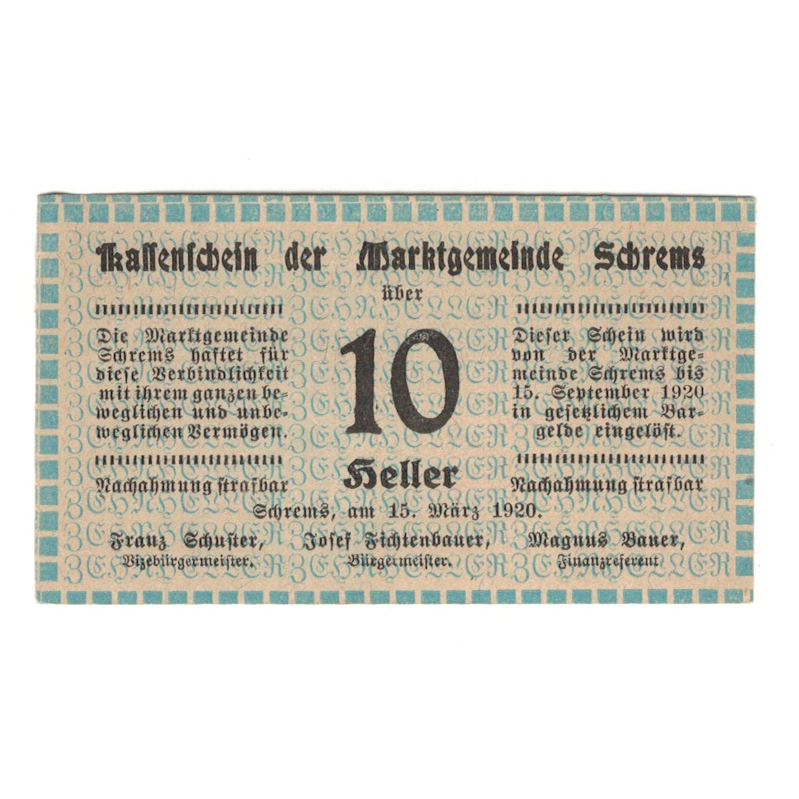 Biljet, Oostenrijk, Schrems N.Ö. Marktgemeinde, 10 Heller, N.D, 1920