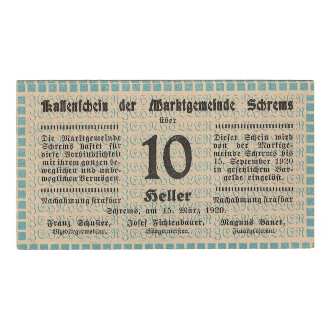 Banconote, Austria, Schrems N.Ö. Marktgemeinde, 10 Heller, N.D, 1920