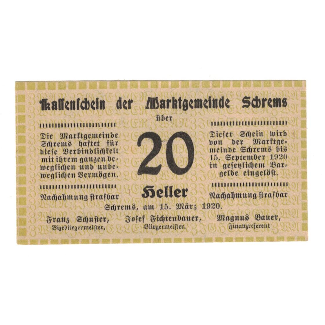 Banconote, Austria, Schrems N.Ö. Marktgemeinde, 20 Heller, N.D, 1920