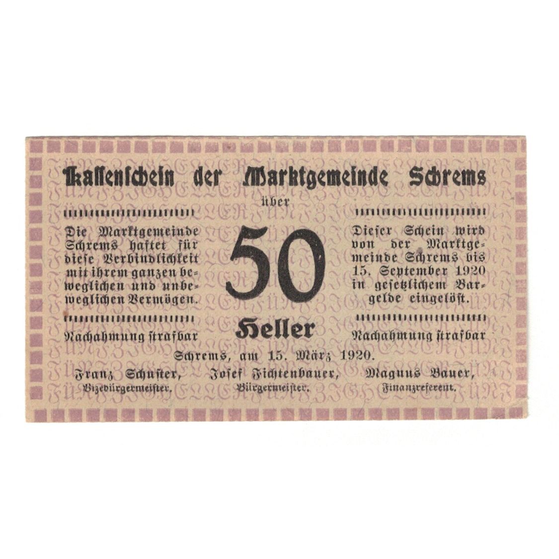 Banknote, Austria, Schrems N.Ö. Marktgemeinde, 50 Heller, N.D, 1920