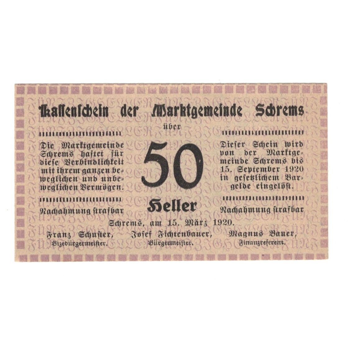 Biljet, Oostenrijk, Schrems N.Ö. Marktgemeinde, 50 Heller, N.D, 1920