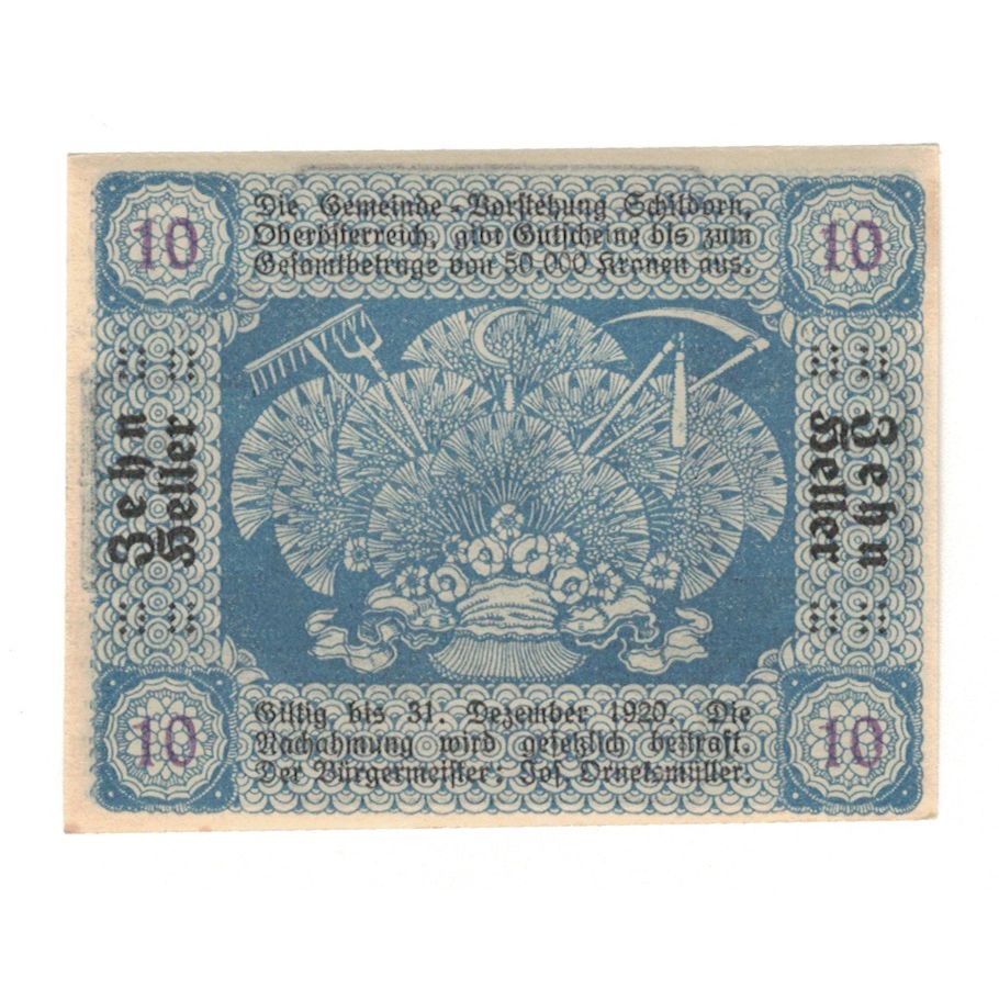 Biljet, Oostenrijk, Schildorn O.Ö. Gemeinde, 10 Heller, Texte, 1920