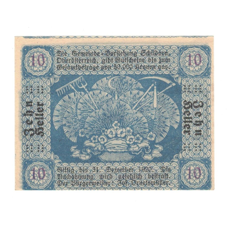 Biljet, Oostenrijk, Schildorn O.Ö. Gemeinde, 10 Heller, texte 1, 1920