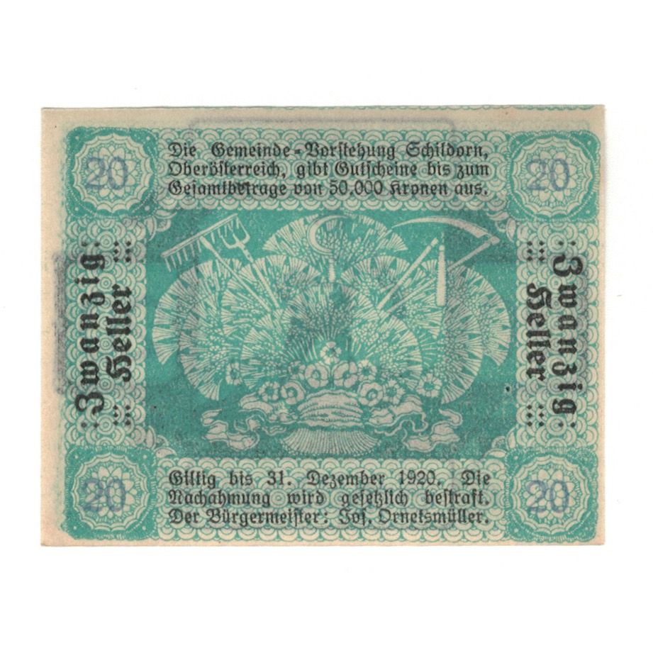 Biljet, Oostenrijk, Schildorn O.Ö. Gemeinde, 20 Heller, Texte, 1920
