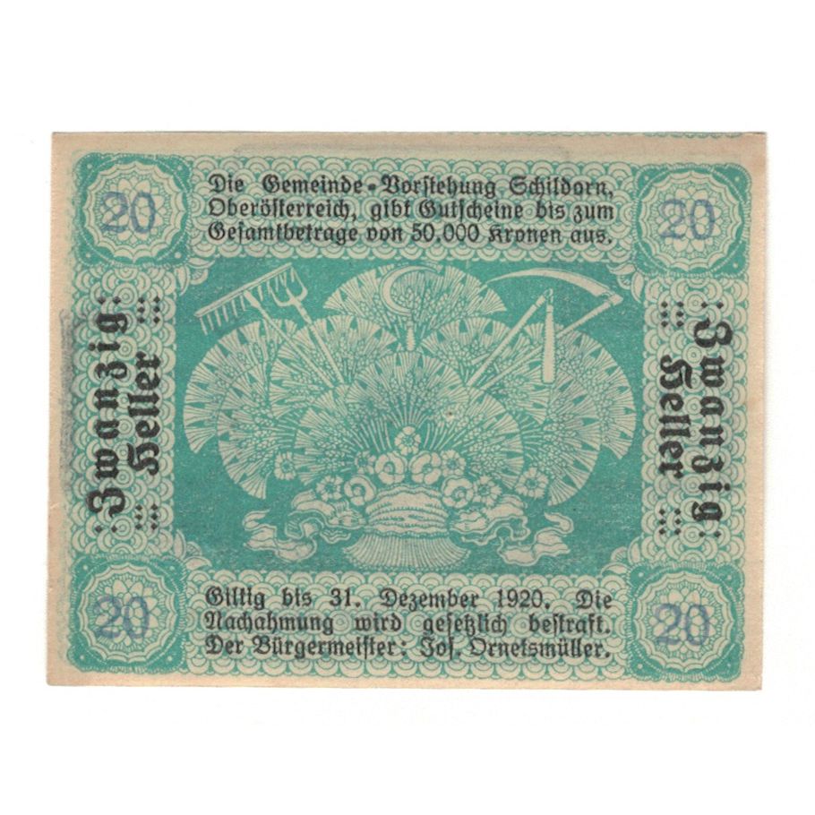 Banknote, Austria, Schildorn O.Ö. Gemeinde, 20 Heller, texte 1, 1920