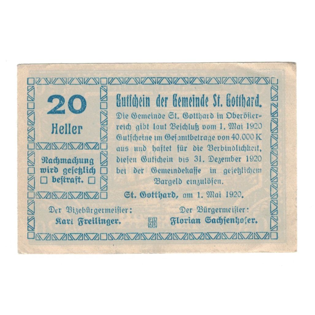 Banknote, Austria, St. Gotthard O.Ö. Gemeinde, 20 Heller, texte 1, 1920