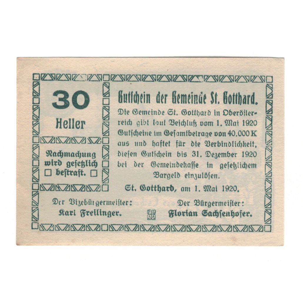 Banknote, Austria, St. Gotthard O.Ö. Gemeinde, 30 Heller, texte 1, 1920