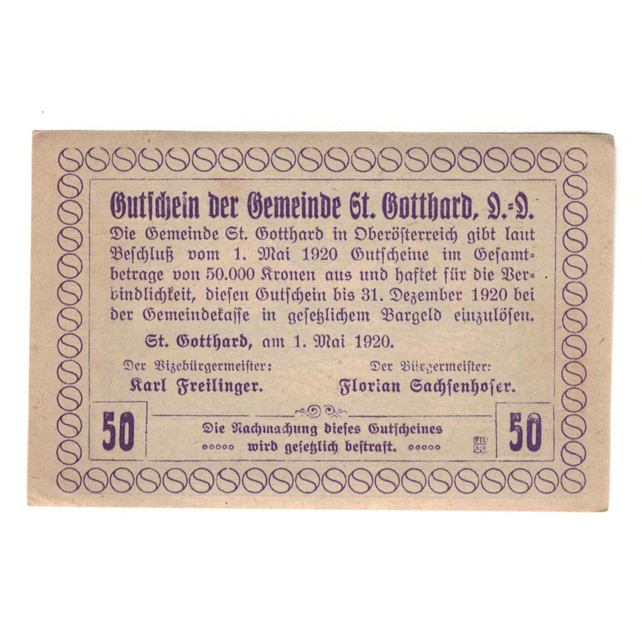Banknote, Austria, St. Gotthard O.Ö. Gemeinde, 50 Heller, texte 1, 1920