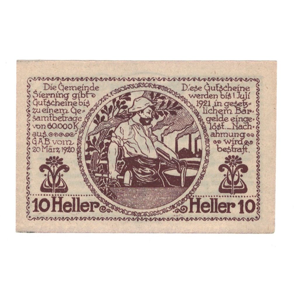 Banknote, Austria, Sierning O.Ö. Gemeinde, 10 Heller, personnage, 1921