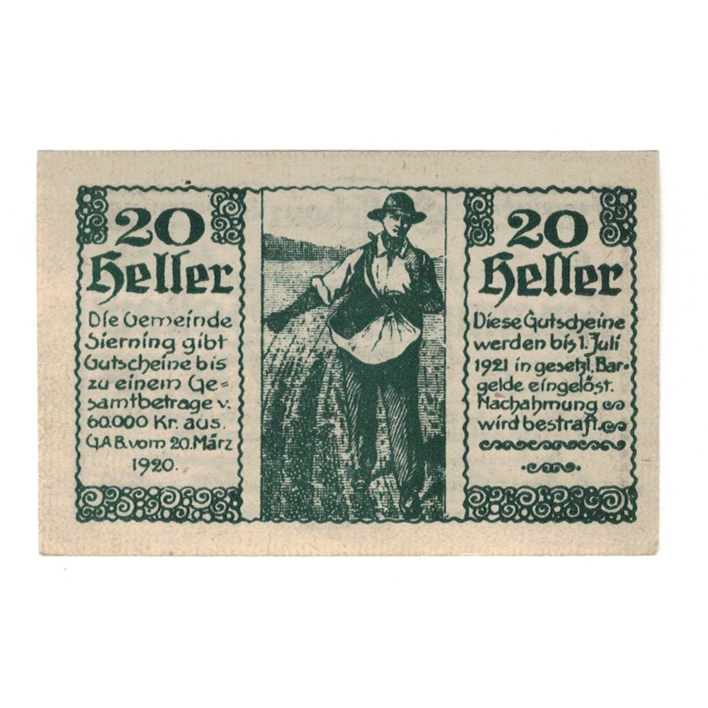 Banknote, Austria, Sierning O.Ö. Gemeinde, 20 Heller, personnage, 1921