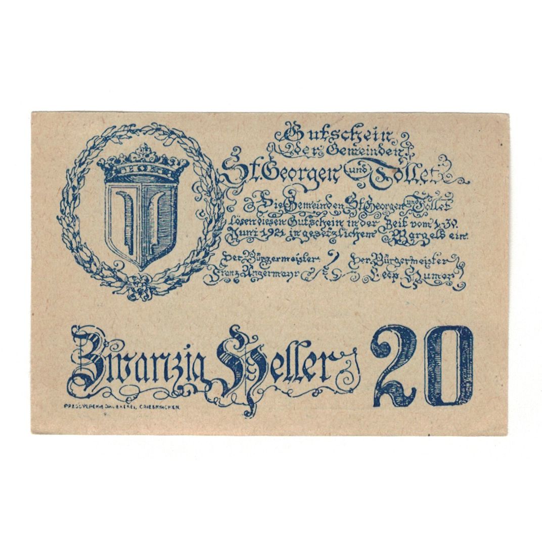 Banknote, Austria, St. Georgen und Tollet O.Ö. Gemeinden, 20 Heller, Texte